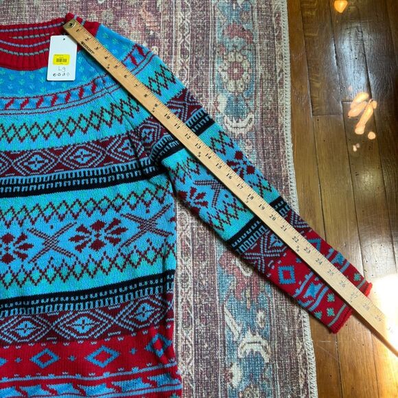 Women’s Large Colorful Teal Blue Red Fair Isle Sweater - Picture 9 of 11